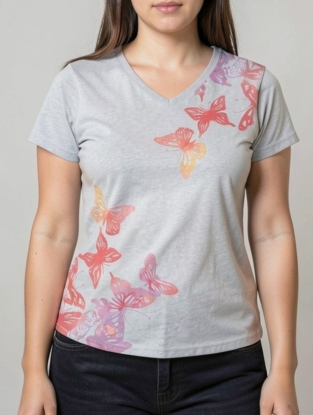 EVRI Light Grey V-Neck Tee with Pink Coral Butterfly Print 2X